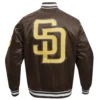 San Diego Padres Script Tail Full-Snap Satin Varsity Brown Jacket 1