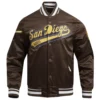 San Diego Padres Script Tail Full-Snap Satin Varsity Brown Jacket