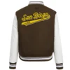 San Diego Padres Women’s Script Tail BrownWhite Wool & Leather Varsity Jacket 1