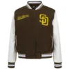 San Diego Padres Women’s Script Tail BrownWhite Wool & Leather Varsity Jacket