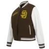 San Diego Padres Women’s Script Tail BrownWhite Wool & Leather Varsity Jacket 2