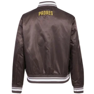 acgo Padres Women’s Script Tail Full-Snap Brown Satin Varsity Jacket 1