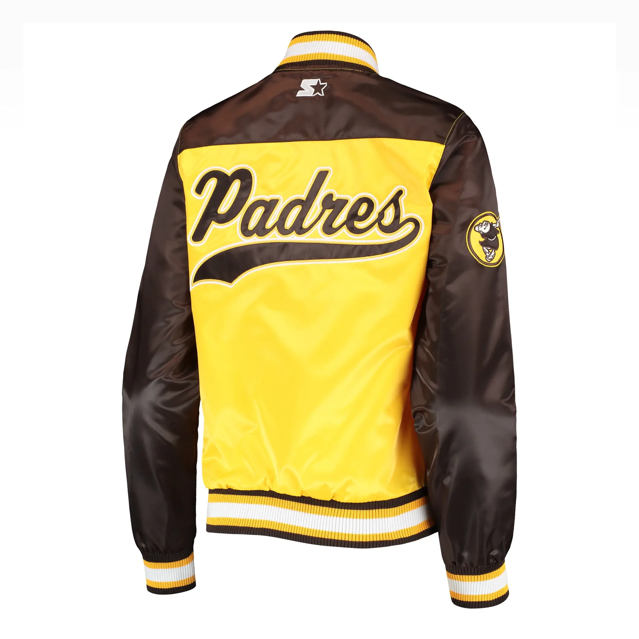 San Diego Padres Women’s The Legend YellowBrown Satin Varsity Jacket 1