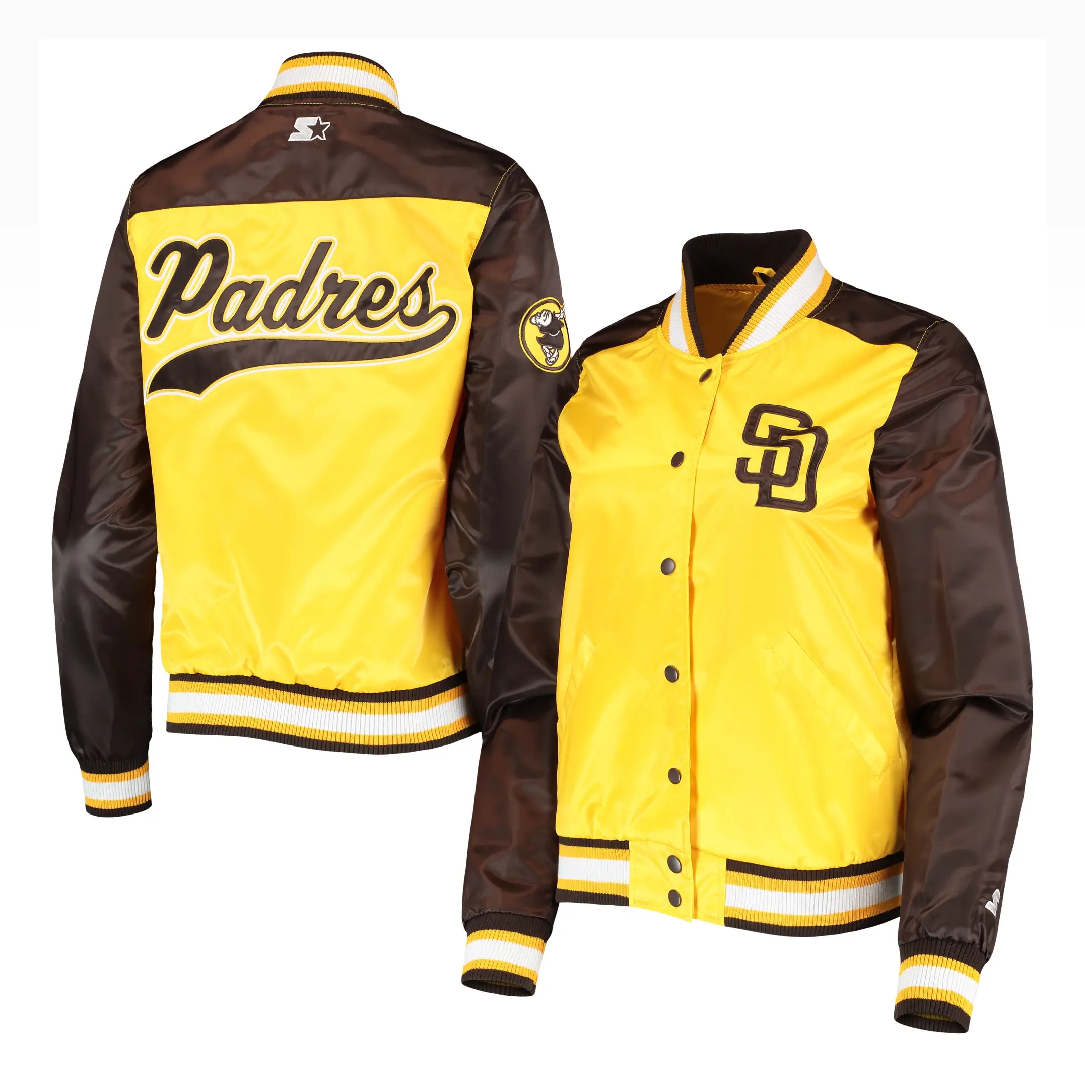 San Diego Padres Women’s The Legend YellowBrown Satin Varsity Jacket 2