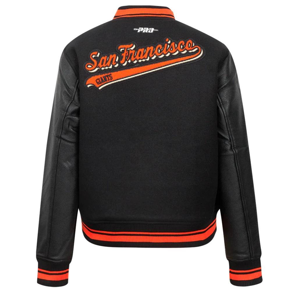San Francisco Giants Script Tail Women’s Wool & Leather Varsity Jacket 1