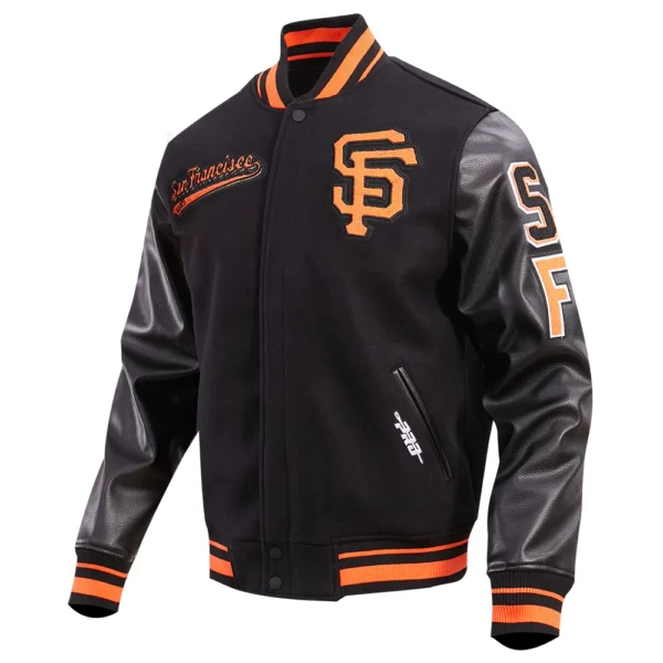 San Francisco Giants Script Tail Wool & Leather Black Varsity Jacket