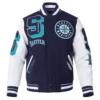 Seattle Mariners Mashup NavyWhite Wool & Leather Varsity Jacket