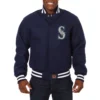 Seattle Mariners One Color Handcrafted Logo Navy Wool Varsity Jacket