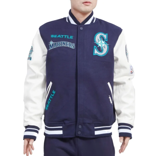 Seattle Mariners Retro Classic NavyWhite Wool & Leather Varsity Jacket