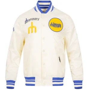Seattle Mariners Retro Classic Ribbed Knitted Full-Snap Satin Varsity Jacket