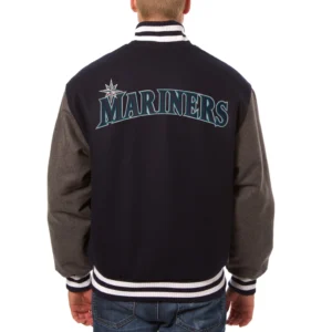 Seattle Mariners Two Tone Handcrafted Logo NavyGray Wool Varsity Jacket 1