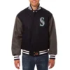 Seattle Mariners Two Tone Handcrafted Logo NavyGray Wool Varsity Jacket