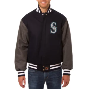 Seattle Mariners Two Tone Handcrafted Logo NavyGray Wool Varsity Jacket
