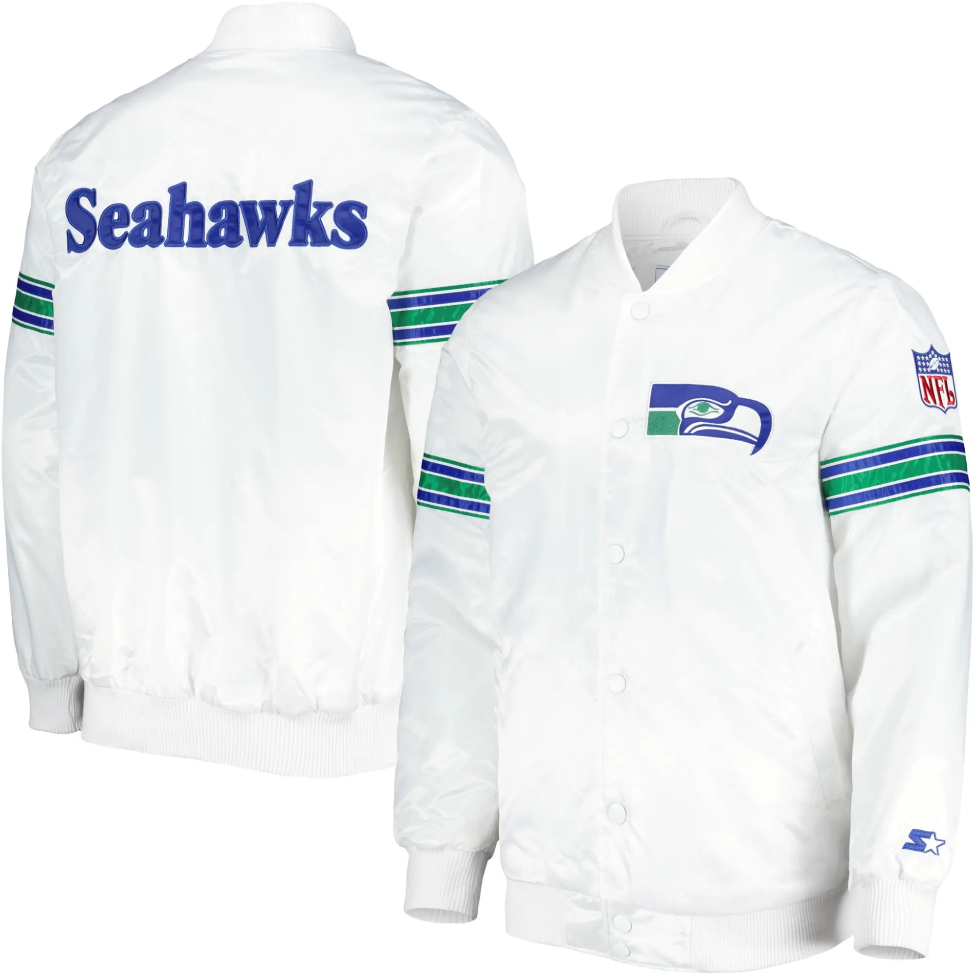 Seattle Seahawks Power Forward Classic Rib Satin Varsity White Jacket 2