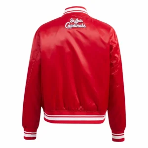 St. Louis Cardinals Script Tail Women’s Red Satin Varsity Jacket 1