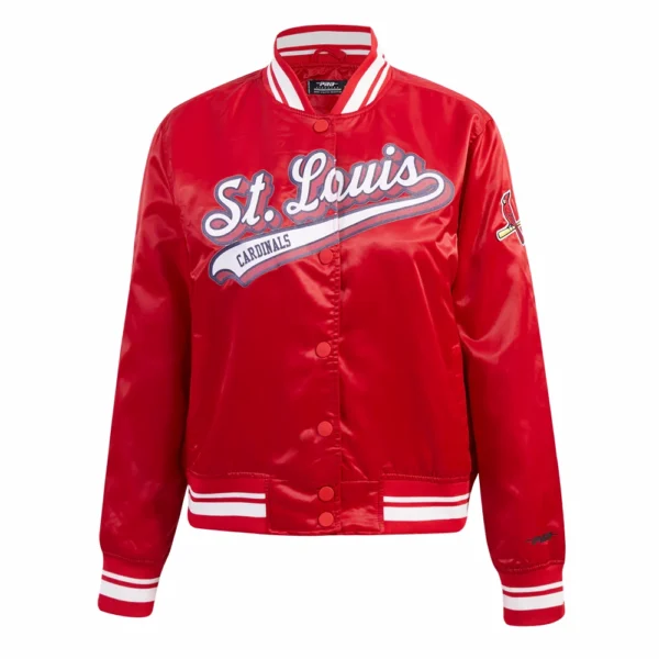 St. Louis Cardinals Script Tail Women’s Red Satin Varsity Jacket