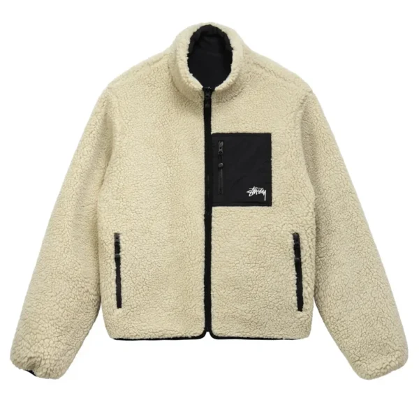 Stussy Eight Ball Sherpa Reversible Off White Jacket For Men's