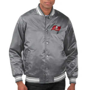Tampa Bay Buccaneers Locker Room Gray Satin Varsity Jacket