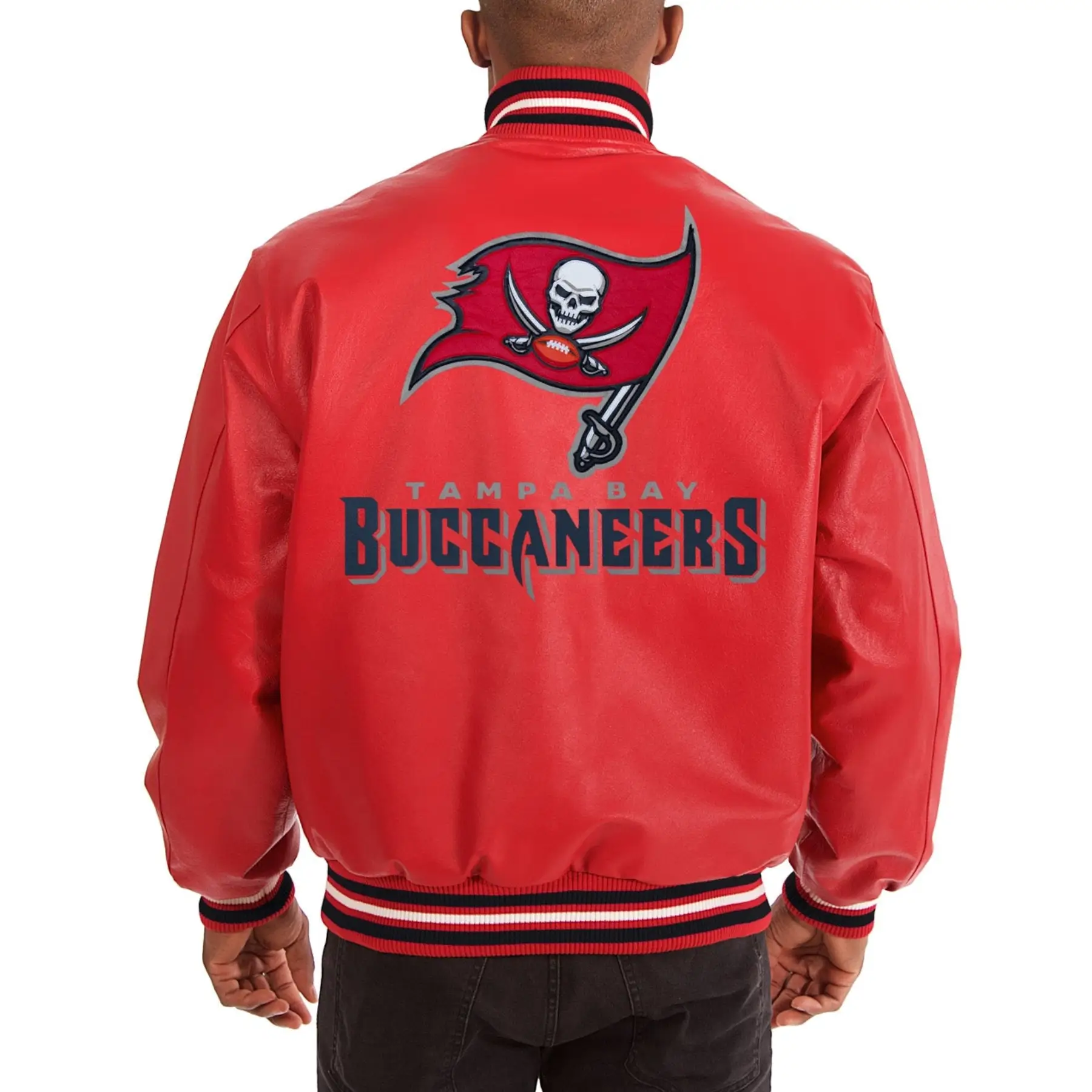 Tampa Bay Buccaneers Rib Knitted Red Full Leather Varsity Jacket 1