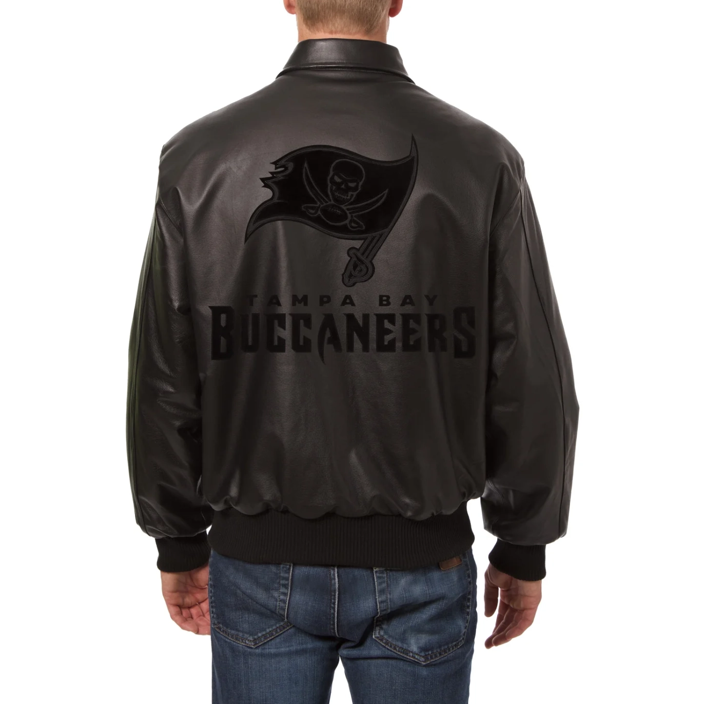 Tampa Bay Buccaneers Shirt Collar Tonal Full Black Leather Bomber Jacket 1
