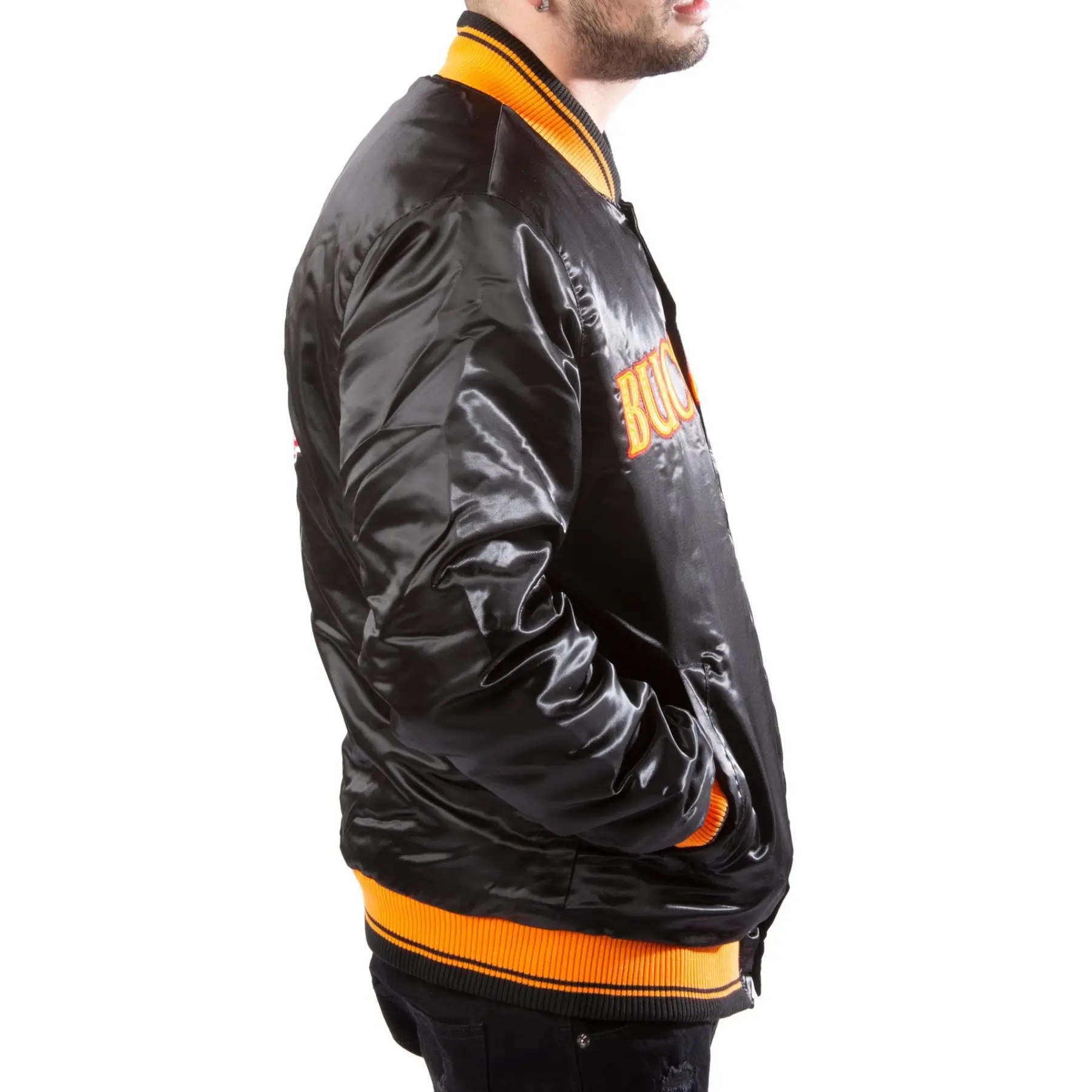 Tampa Bay Buccaneers Vintage Full Snap Satin Varsity Black Jacket 2