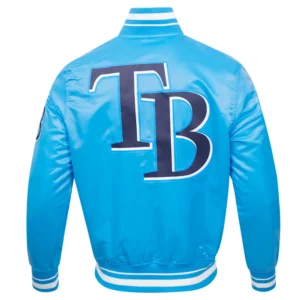 Tampa Bay Rays Script Tail Full-Snap Blue Satin Varsity Jacket 1