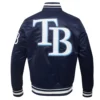 Tampa Bay Rays Script Tail Full-Snap Satin Varsity Navy Jacket 1