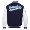 Tampa Bay Rays Script Tail NavyWhite Wool Leather Varsity Jacket 1