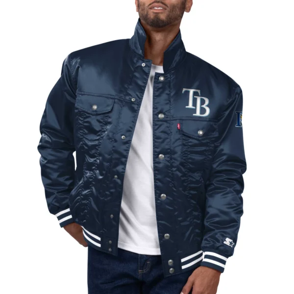 Tampa Bay Rays Silver Tab Satin Trucker Navy Varsity Jacket