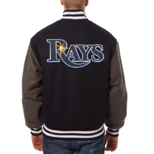 Tampa Bay Rays Two Tone Handcrafted Logo NavyGray Wool Varsity Jacket 1