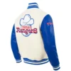 Texas Rangers Classic Retro White and Blue Varsity Wool Jacket with Leather Sleeves