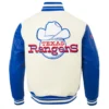 Texas Rangers Classic Retro White and Blue Varsity Wool Jacket with Top Grain Leather Sleeves