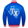 Texas Rangers Script Tail Full-Snap Blue Satin Varsity Jacket 1