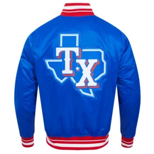 Texas Rangers Script Tail Full-Snap Blue Satin Varsity Jacket 1