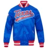 Texas Rangers Script Tail Full-Snap Blue Satin Varsity Jacket