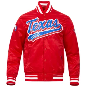 Texas Rangers Script Tail Full-Snap Satin Varsity Jacket – Red