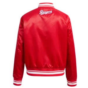 Texas Rangers Script Tail Women’s Full-Snap Red Satin Varsity Jacket 1