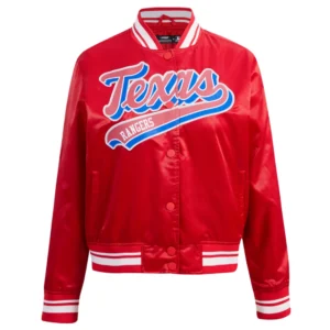 Texas Rangers Script Tail Women’s Full-Snap Red Satin Varsity Jacket