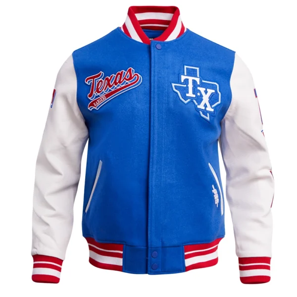 Texas Rangers Script Tail Wool & Leather Varsity Jacket