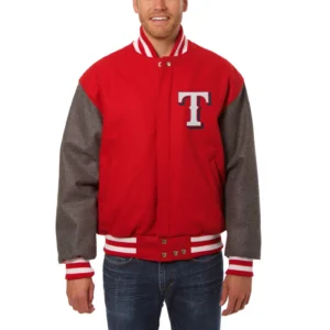 Texas Rangers Two Tone RedGray Wool Varsity Jacket