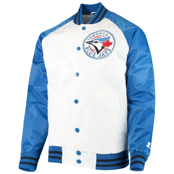 Toronto Blue Jays Clean-Up Hitter Lead Off Satin Varsity Jacket White & Blue