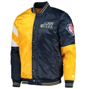 Utah Jazz Leader Rib Knitted Yellow and Navy Blue Varsity Jacket