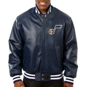Utah Jazz Navy Blue Leather Jacket