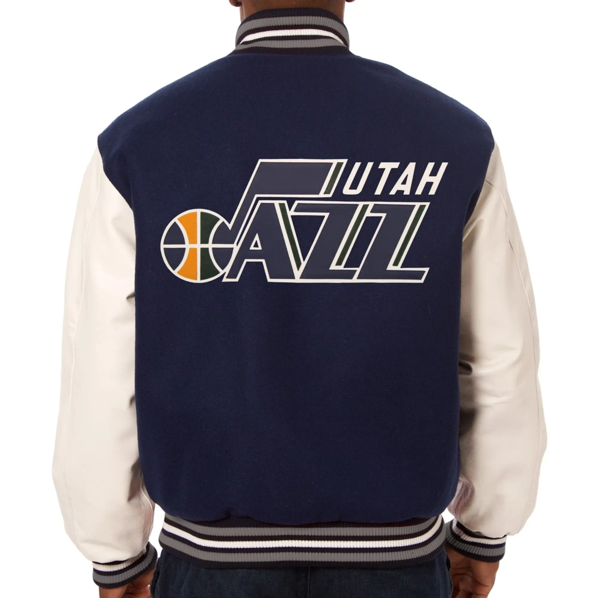 Utah Jazz Navy Blue Two Tone Wool Varsity Jacket 1