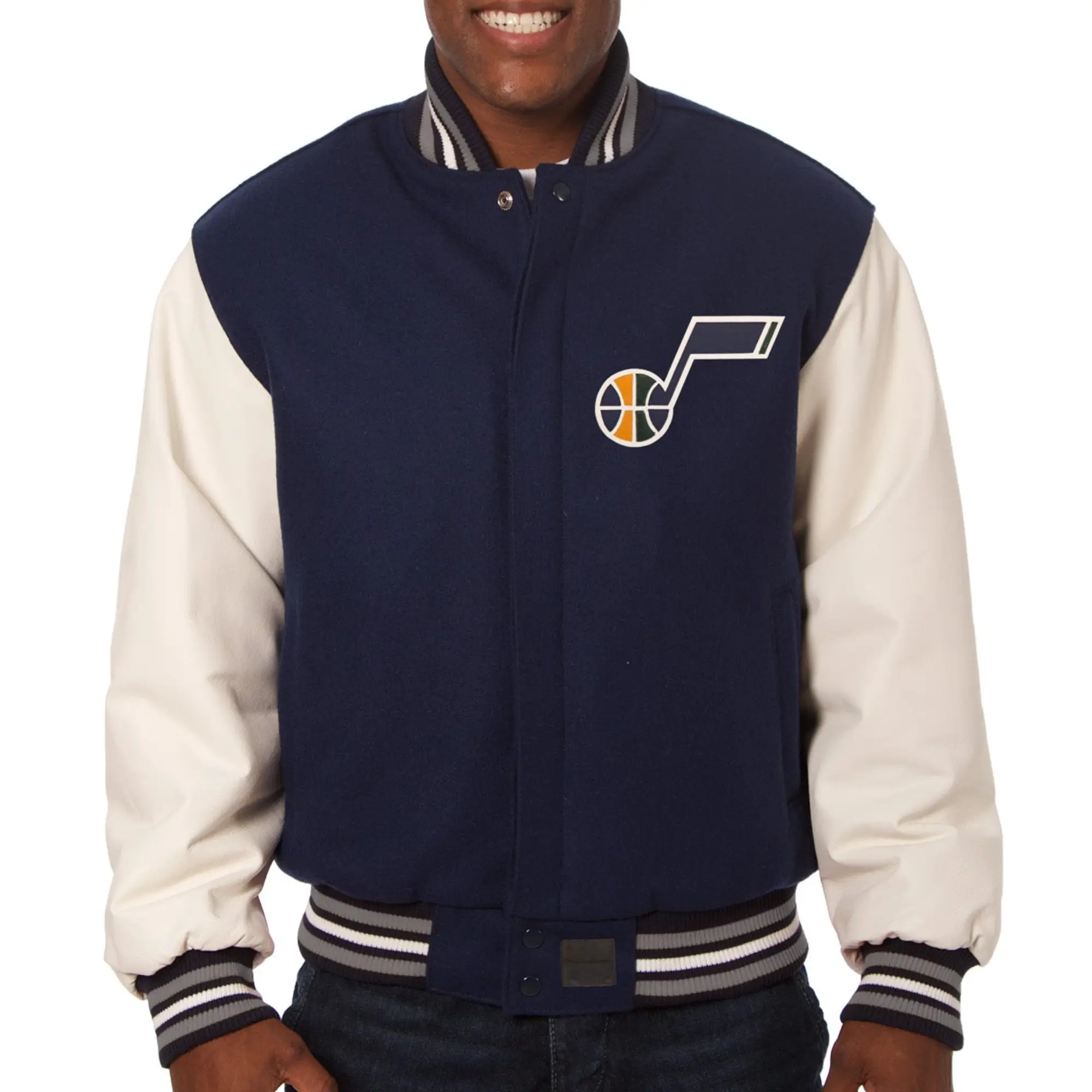 Utah Jazz Navy Blue Two Tone Wool Varsity Jacket