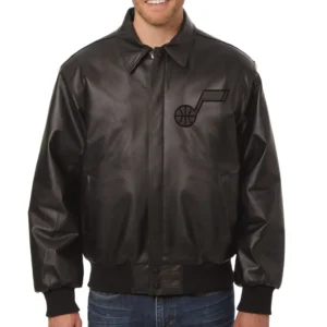 Utah Jazz Shirt Collar Varsity Dark Brown Leather Jacket