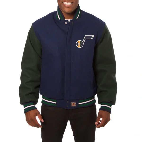 Utah Jazz Two Tone Navy Blue Varsity Jacket