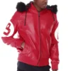 Vintage 8 Ball Men's Red Fur Hooded Bomber Genuine Leather Jacket