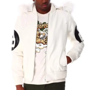 8 Ball White Fur Hooded Bomber Jacket