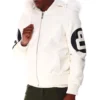 Vintage 8 Ball Men's White Fur Hooded Bomber Real Leather Jacket